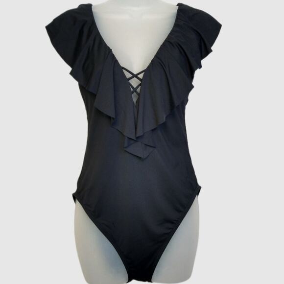 La Blanca Island Goddess Ruffle Plunge One Piece Swimsuit Black Size 12 - Picture 1 of 11